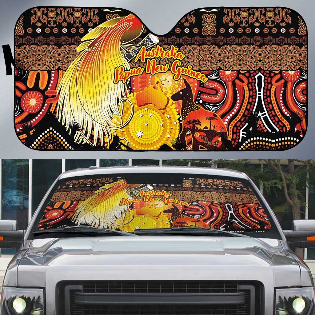 Australia and Papua New Guinea Together Auto Sun Shade Kangaroo Aboriginal Art and Bird-of-paradise Oro Tribal Motifs - Polynesian Pride