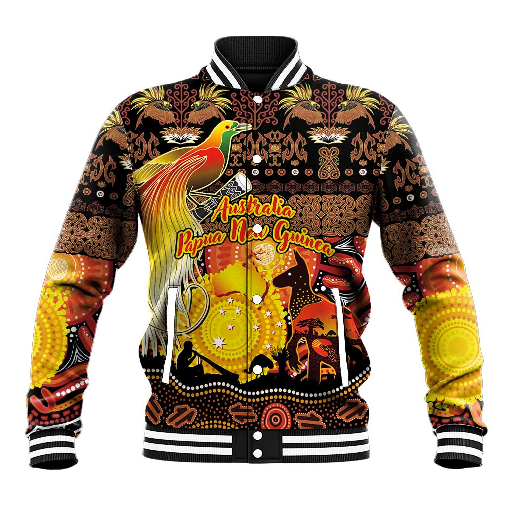Personalized Australia and Papua New Guinea Together Baseball Jacket Kangaroo Aboriginal Art and Bird-of-paradise Oro Tribal Motifs - Polynesian Pride