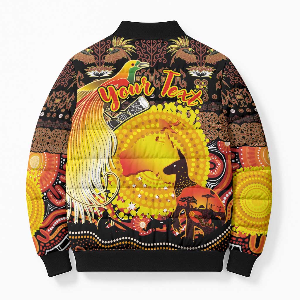 Personalized Australia and Papua New Guinea Together Bomber Puffer Jacket Kangaroo Aboriginal Art and Bird-of-paradise Oro Tribal Motifs - Polynesian Pride