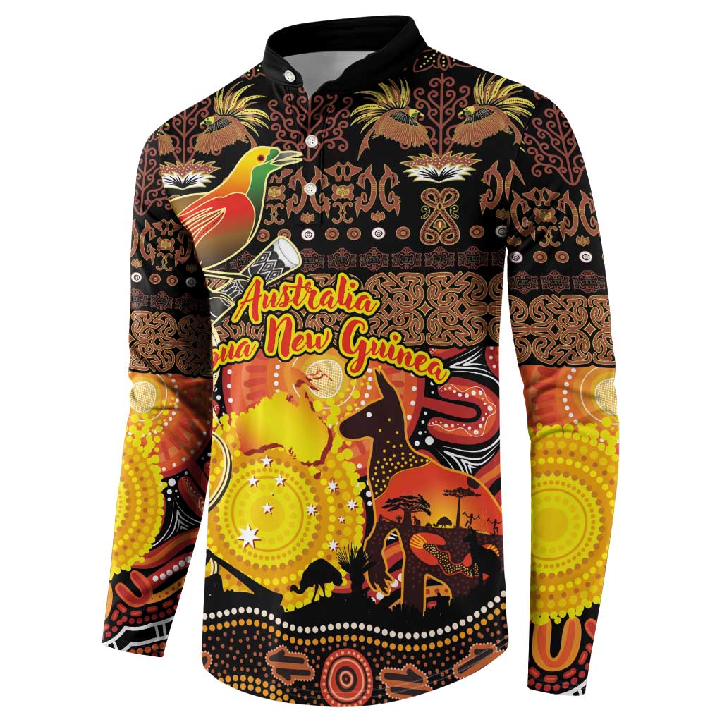 Personalized Australia and Papua New Guinea Together Button Sweatshirt Kangaroo Aboriginal Art and Bird-of-paradise Oro Tribal Motifs - Polynesian Pride