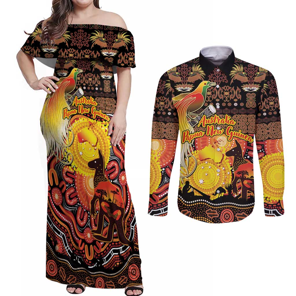 Personalized Australia and Papua New Guinea Together Couples Matching Off Shoulder Maxi Dress and Long Sleeve Button Shirt Kangaroo Aboriginal Art and Bird-of-paradise Oro Tribal Motifs - Polynesian Pride
