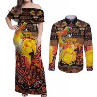 Personalized Australia and Papua New Guinea Together Couples Matching Off Shoulder Maxi Dress and Long Sleeve Button Shirt Kangaroo Aboriginal Art and Bird-of-paradise Oro Tribal Motifs - Polynesian Pride
