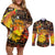 Personalized Australia and Papua New Guinea Together Couples Matching Off Shoulder Short Dress and Long Sleeve Button Shirt Kangaroo Aboriginal Art and Bird-of-paradise Oro Tribal Motifs - Polynesian Pride