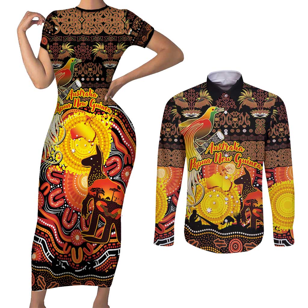 Personalized Australia and Papua New Guinea Together Couples Matching Short Sleeve Bodycon Dress and Long Sleeve Button Shirt Kangaroo Aboriginal Art and Bird-of-paradise Oro Tribal Motifs - Polynesian Pride