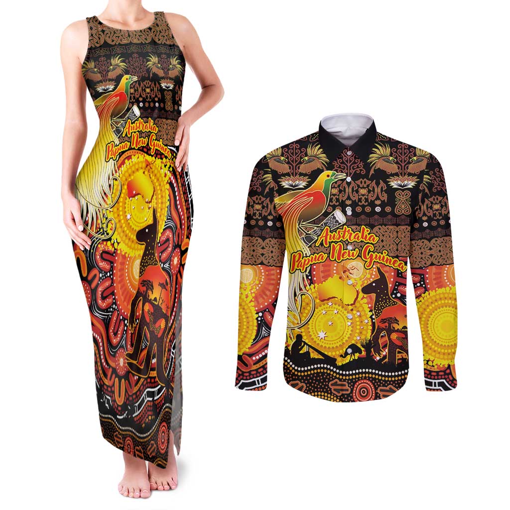 Personalized Australia and Papua New Guinea Together Couples Matching Tank Maxi Dress and Long Sleeve Button Shirt Kangaroo Aboriginal Art and Bird-of-paradise Oro Tribal Motifs - Polynesian Pride