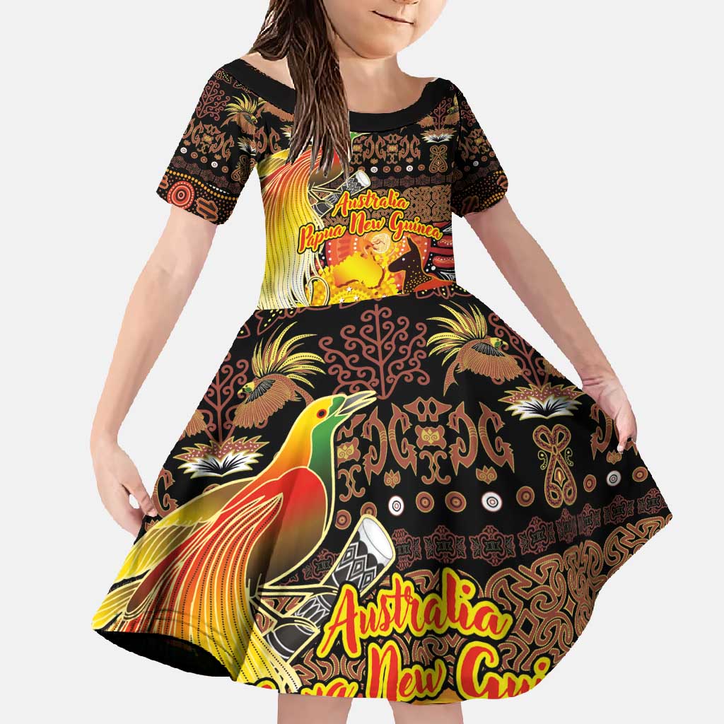 Personalized Australia and Papua New Guinea Together Family Matching Mermaid Dress and Hawaiian Shirt Kangaroo Aboriginal Art and Bird-of-paradise Oro Tribal Motifs - Polynesian Pride