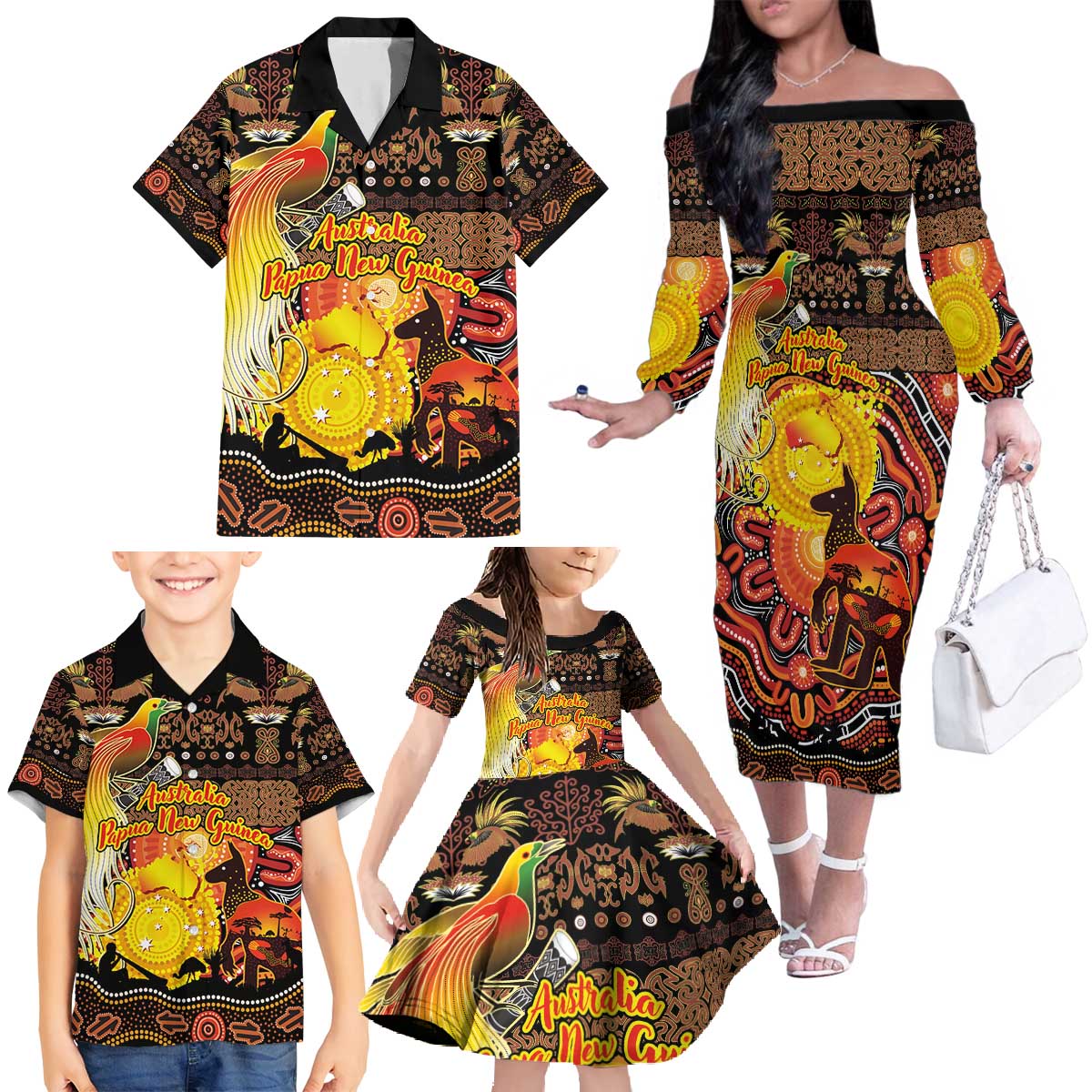 Personalized Australia and Papua New Guinea Together Family Matching Off The Shoulder Long Sleeve Dress and Hawaiian Shirt Kangaroo Aboriginal Art and Bird-of-paradise Oro Tribal Motifs - Polynesian Pride