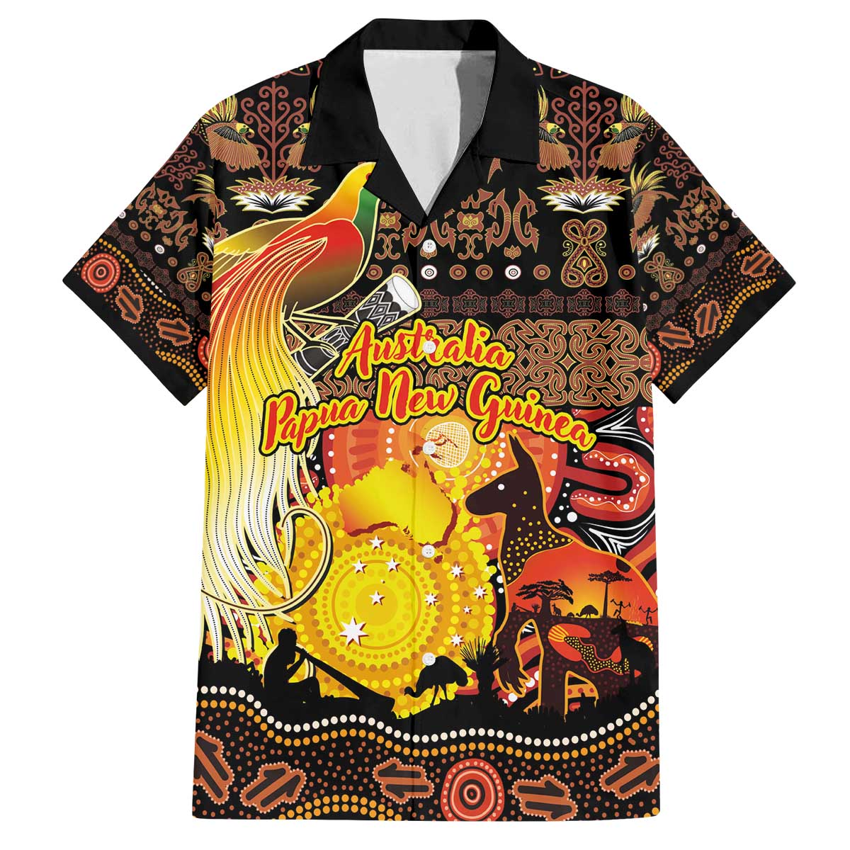 Personalized Australia and Papua New Guinea Together Family Matching Off The Shoulder Long Sleeve Dress and Hawaiian Shirt Kangaroo Aboriginal Art and Bird-of-paradise Oro Tribal Motifs - Polynesian Pride