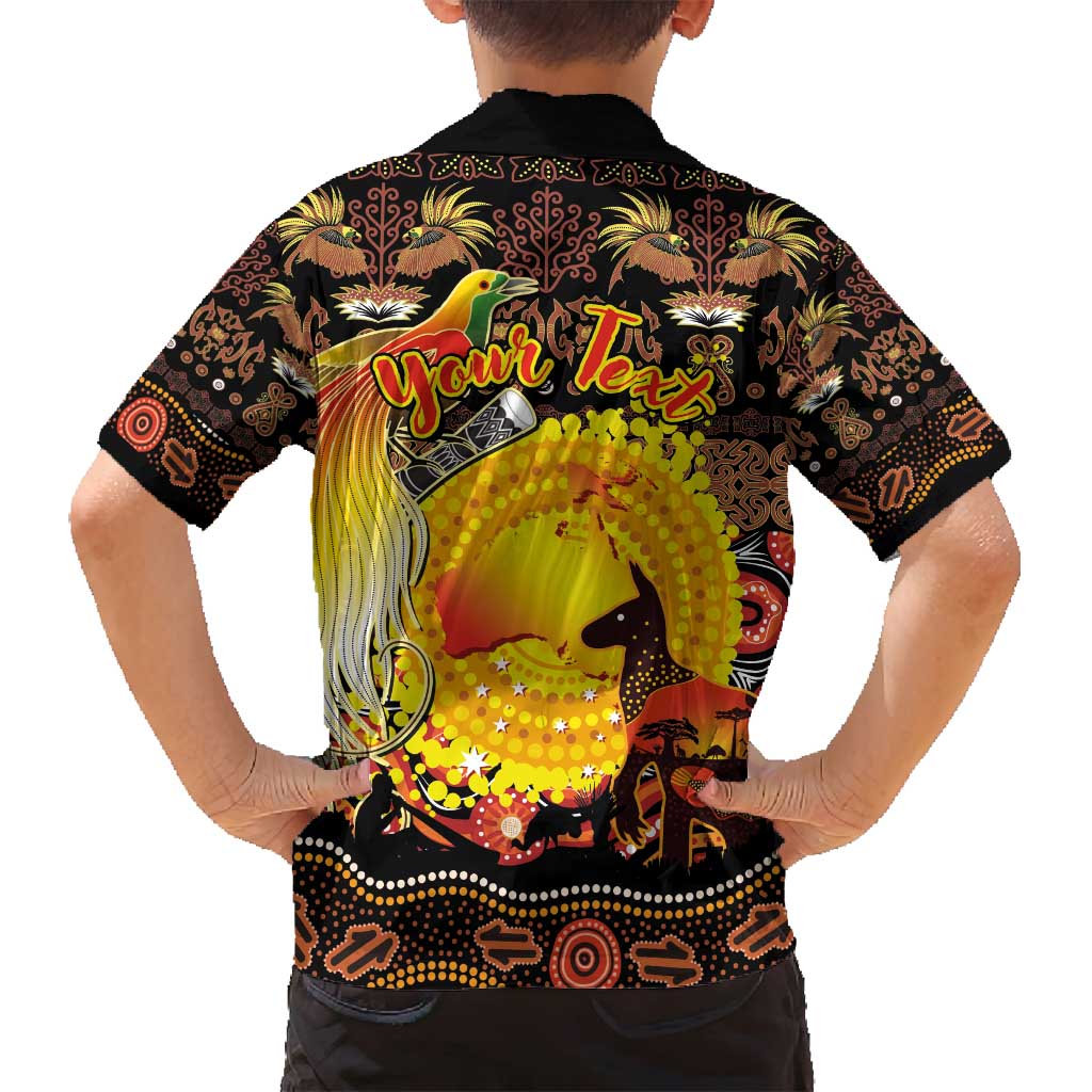 Personalized Australia and Papua New Guinea Together Family Matching Off Shoulder Maxi Dress and Hawaiian Shirt Kangaroo Aboriginal Art and Bird-of-paradise Oro Tribal Motifs - Polynesian Pride