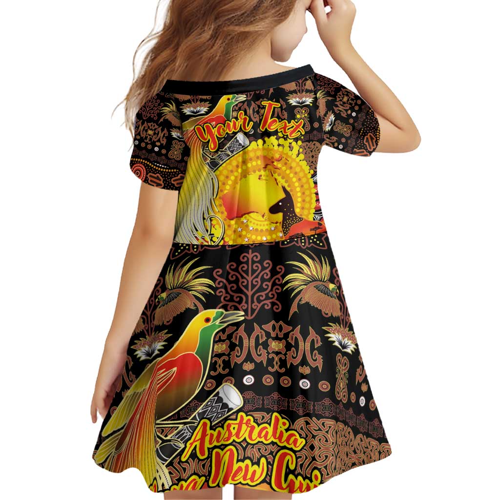 Personalized Australia and Papua New Guinea Together Family Matching Off Shoulder Short Dress and Hawaiian Shirt Kangaroo Aboriginal Art and Bird-of-paradise Oro Tribal Motifs - Polynesian Pride