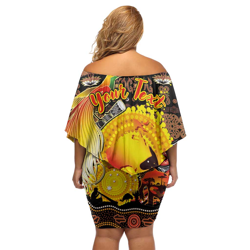 Personalized Australia and Papua New Guinea Together Family Matching Off Shoulder Short Dress and Hawaiian Shirt Kangaroo Aboriginal Art and Bird-of-paradise Oro Tribal Motifs - Polynesian Pride