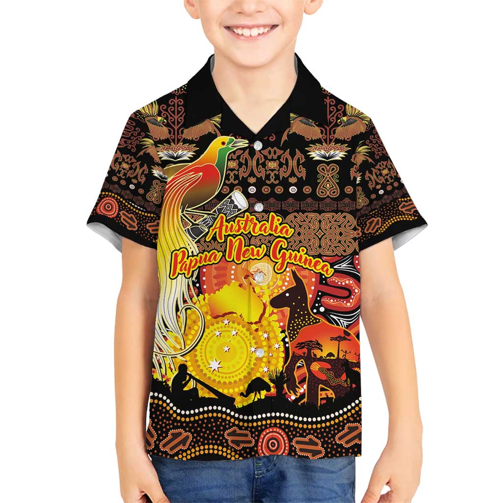 Personalized Australia and Papua New Guinea Together Family Matching Puletasi and Hawaiian Shirt Kangaroo Aboriginal Art and Bird-of-paradise Oro Tribal Motifs - Polynesian Pride
