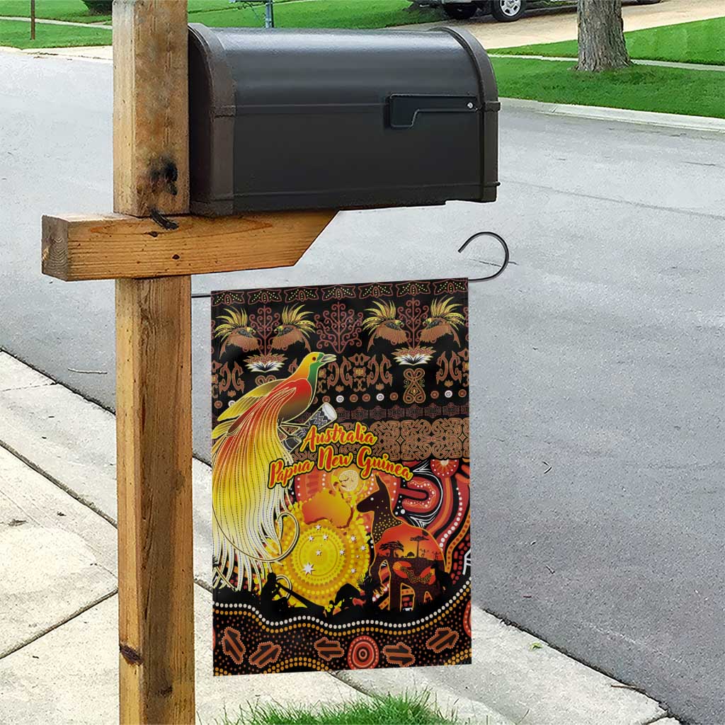 Australia and Papua New Guinea Together Garden Flag Kangaroo Aboriginal Art and Bird-of-paradise Oro Tribal Motifs - Polynesian Pride