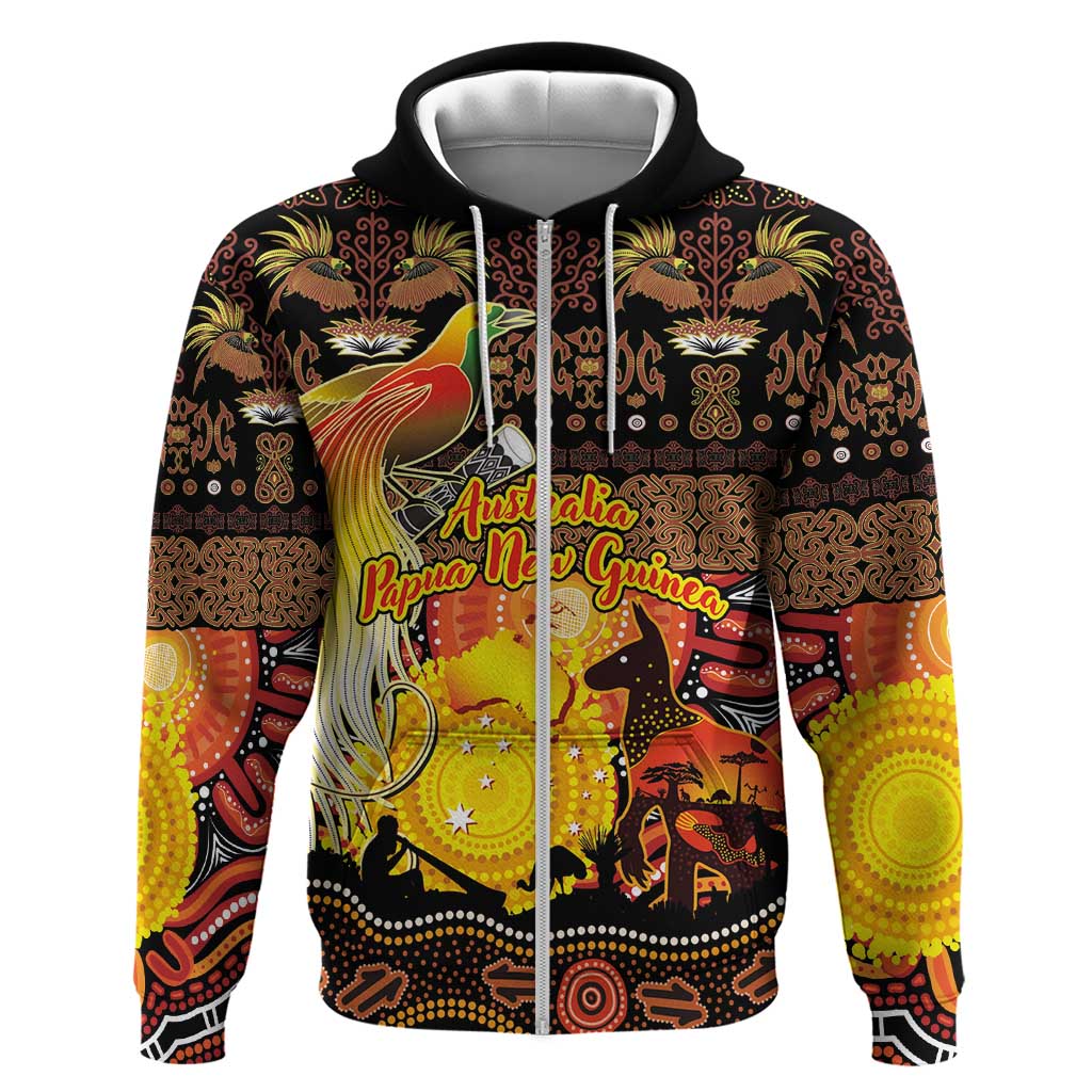 Personalized Australia and Papua New Guinea Together Hoodie Kangaroo Aboriginal Art and Bird-of-paradise Oro Tribal Motifs - Polynesian Pride