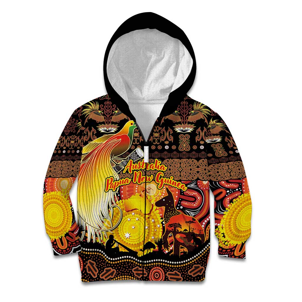Personalized Australia and Papua New Guinea Together Kid Hoodie Kangaroo Aboriginal Art and Bird-of-paradise Oro Tribal Motifs - Polynesian Pride