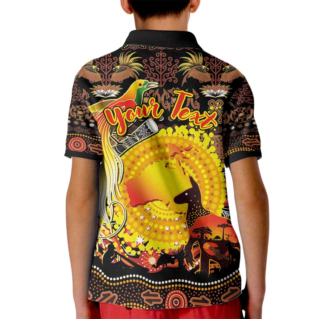 Personalized Australia and Papua New Guinea Together Kid Polo Shirt Kangaroo Aboriginal Art and Bird-of-paradise Oro Tribal Motifs - Polynesian Pride