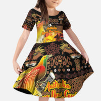 Personalized Australia and Papua New Guinea Together Kid Short Sleeve Dress Kangaroo Aboriginal Art and Bird-of-paradise Oro Tribal Motifs - Polynesian Pride