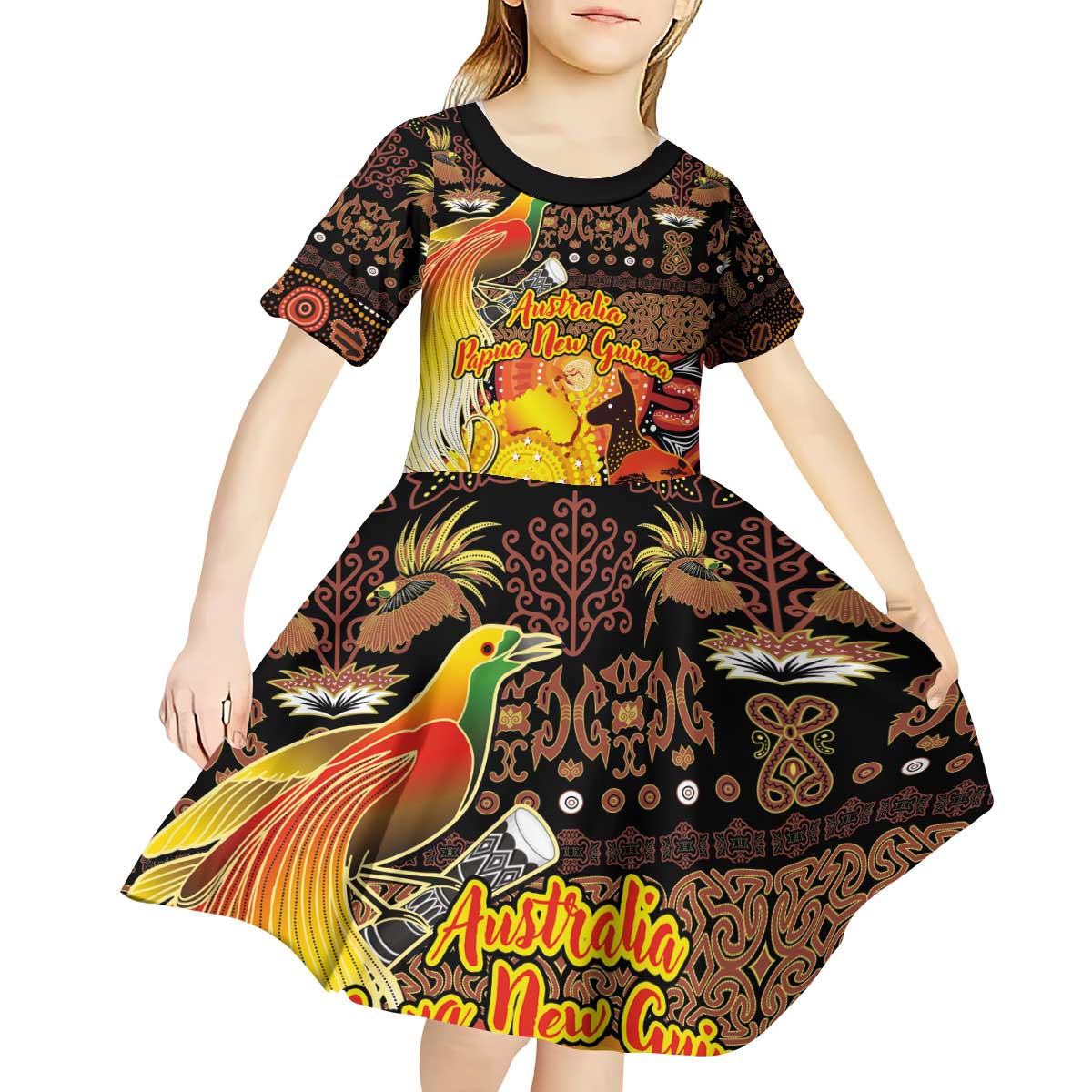 Personalized Australia and Papua New Guinea Together Kid Short Sleeve Dress Kangaroo Aboriginal Art and Bird-of-paradise Oro Tribal Motifs - Polynesian Pride
