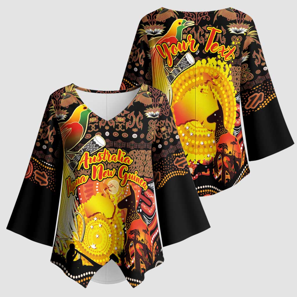 Personalized Australia and Papua New Guinea Together Kimono Sleeve Blouse Kangaroo Aboriginal Art and Bird-of-paradise Oro Tribal Motifs - Polynesian Pride