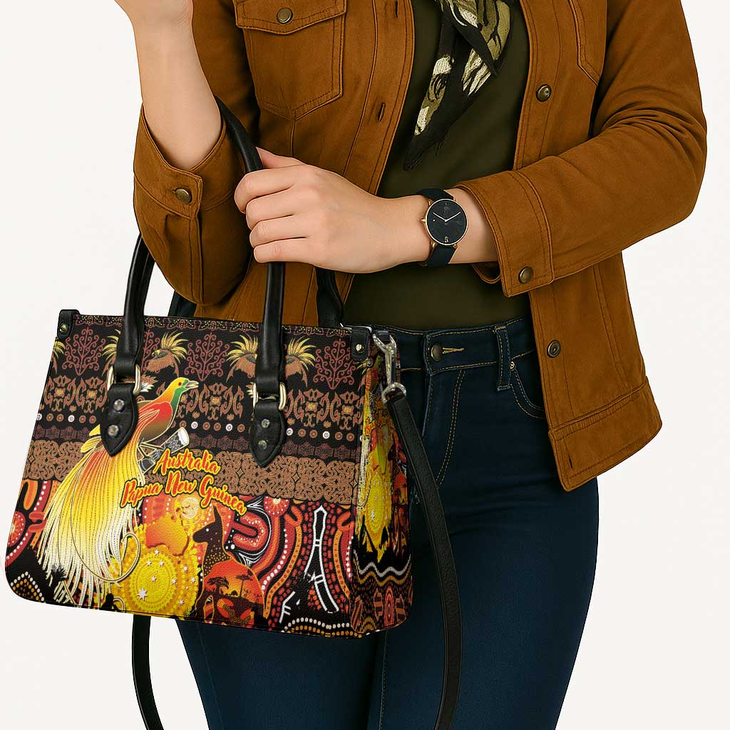 Australia and Papua New Guinea Together Leather Bag Kangaroo Aboriginal Art and Bird-of-paradise Oro Tribal Motifs - Polynesian Pride