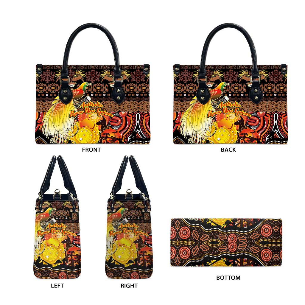 Australia and Papua New Guinea Together Leather Bag Kangaroo Aboriginal Art and Bird-of-paradise Oro Tribal Motifs - Polynesian Pride