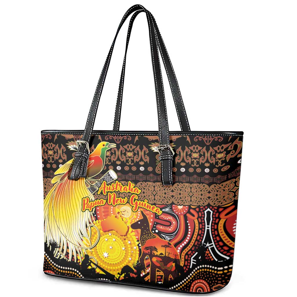 Australia and Papua New Guinea Together Leather Tote Bag Kangaroo Aboriginal Art and Bird-of-paradise Oro Tribal Motifs - Polynesian Pride