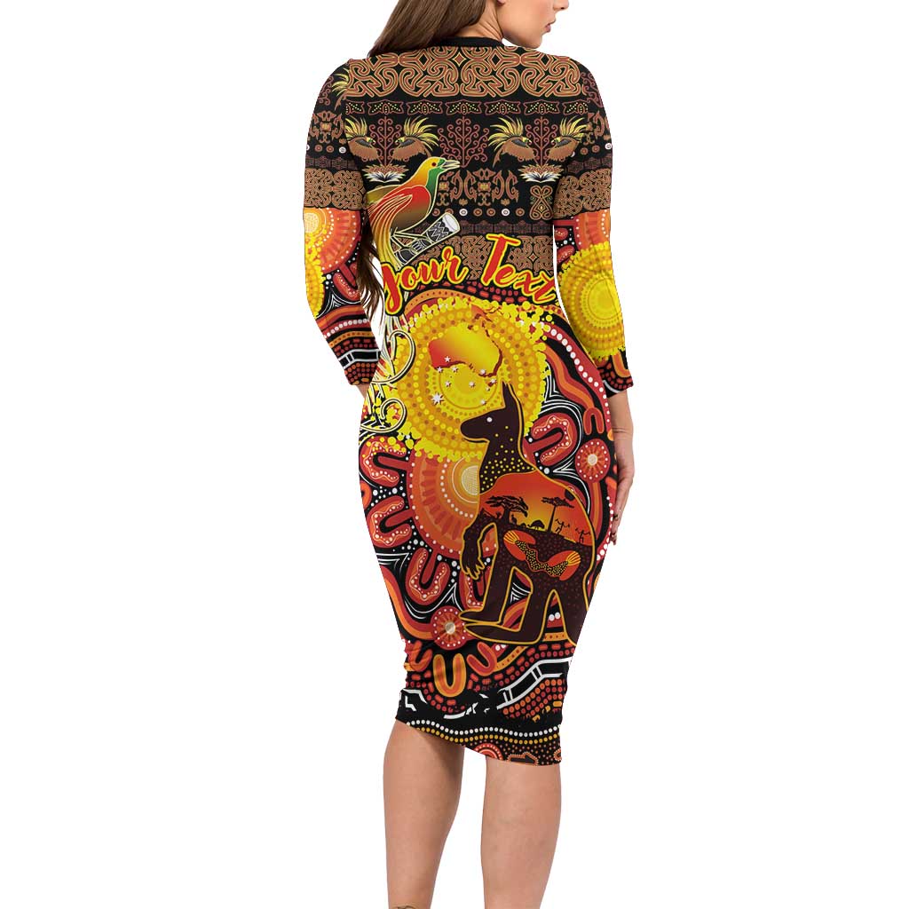 Personalized Australia and Papua New Guinea Together Long Sleeve Bodycon Dress Kangaroo Aboriginal Art and Bird-of-paradise Oro Tribal Motifs - Polynesian Pride