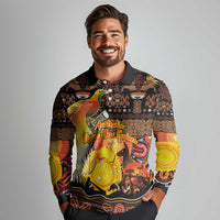 Personalized Australia and Papua New Guinea Together Long Sleeve Polo Shirt Kangaroo Aboriginal Art and Bird-of-paradise Oro Tribal Motifs - Polynesian Pride