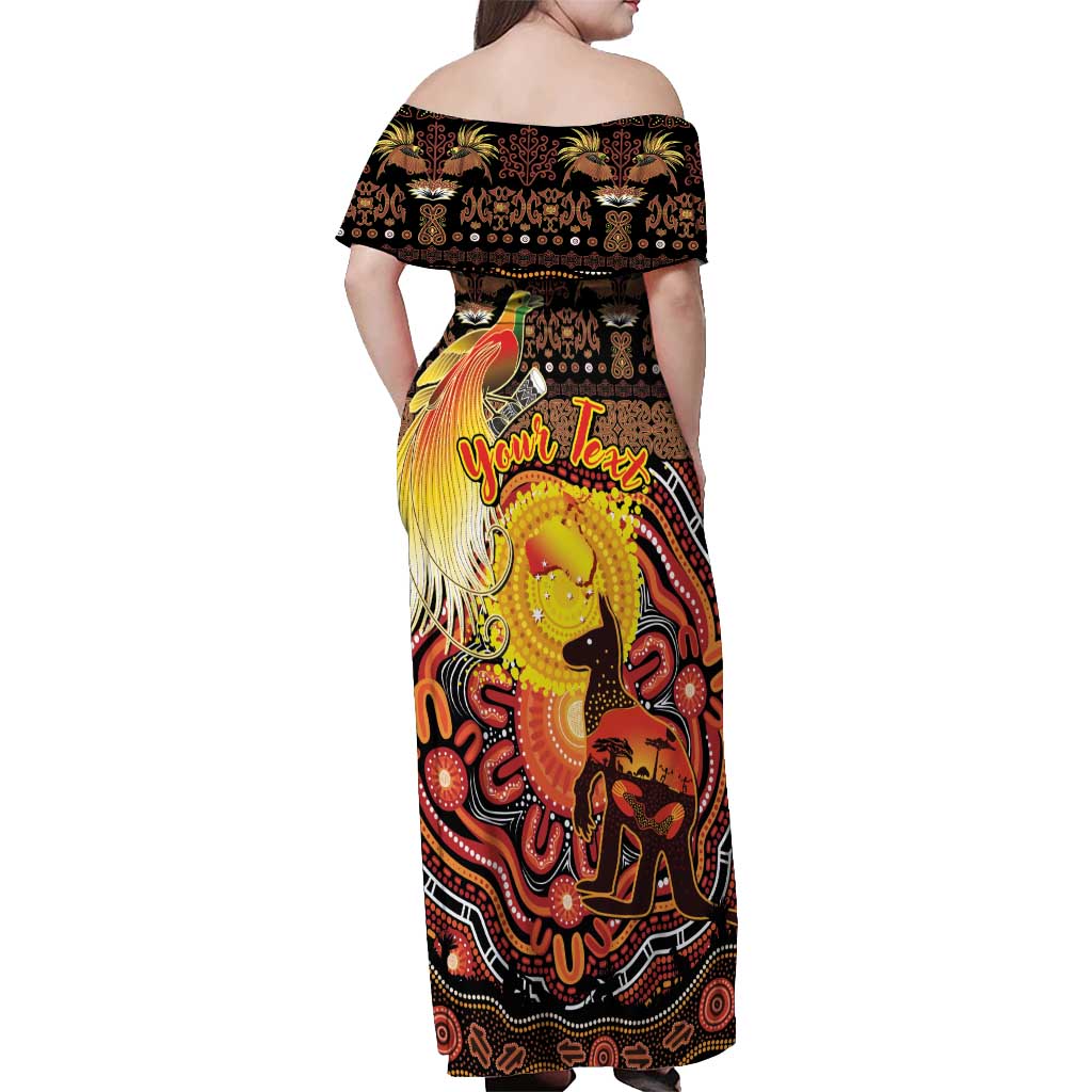 Personalized Australia and Papua New Guinea Together Off Shoulder Maxi Dress Kangaroo Aboriginal Art and Bird-of-paradise Oro Tribal Motifs - Polynesian Pride