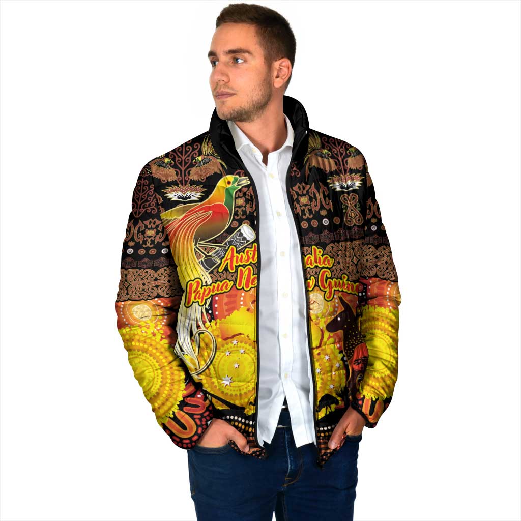 Personalized Australia and Papua New Guinea Together Padded Jacket Kangaroo Aboriginal Art and Bird-of-paradise Oro Tribal Motifs - Polynesian Pride