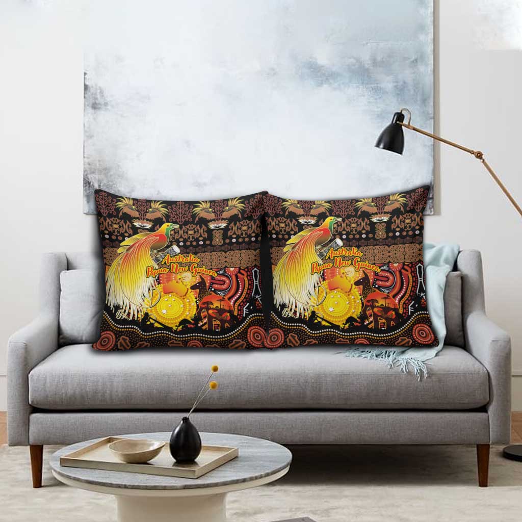 Australia and Papua New Guinea Together Pillow Cover Kangaroo Aboriginal Art and Bird-of-paradise Oro Tribal Motifs - Polynesian Pride