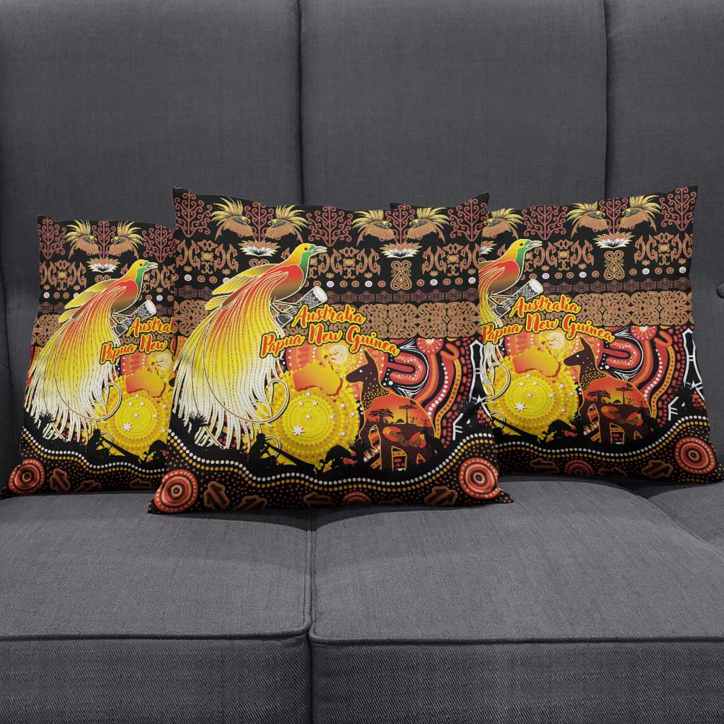 Australia and Papua New Guinea Together Pillow Cover Kangaroo Aboriginal Art and Bird-of-paradise Oro Tribal Motifs - Polynesian Pride