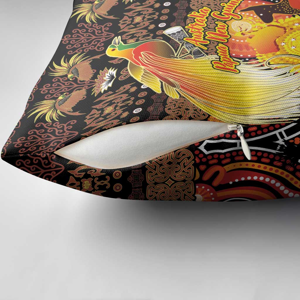 Australia and Papua New Guinea Together Pillow Cover Kangaroo Aboriginal Art and Bird-of-paradise Oro Tribal Motifs - Polynesian Pride