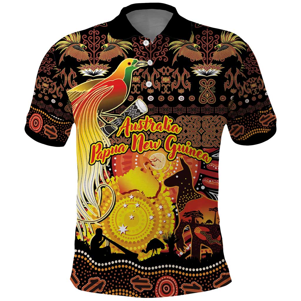 Personalized Australia and Papua New Guinea Together Polo Shirt Kangaroo Aboriginal Art and Bird-of-paradise Oro Tribal Motifs - Polynesian Pride