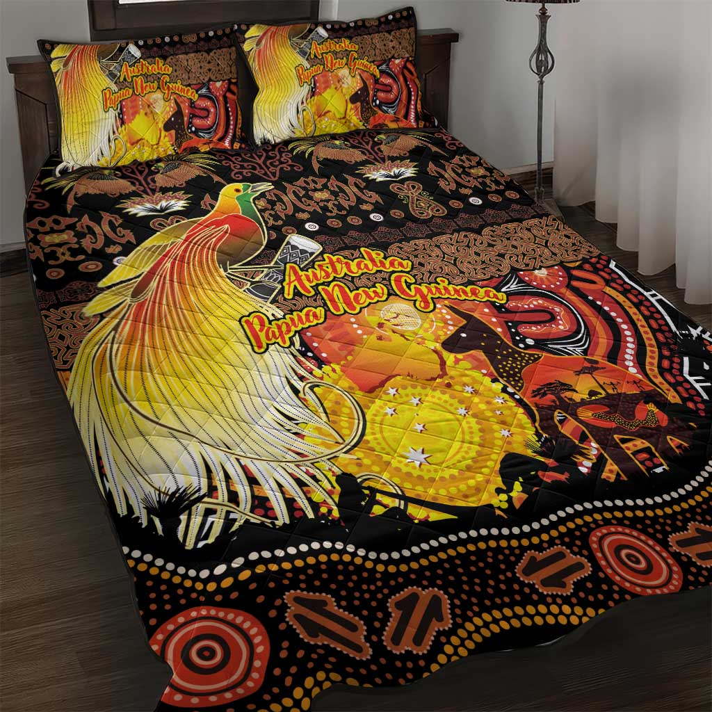 Australia and Papua New Guinea Together Quilt Bed Set Kangaroo Aboriginal Art and Bird-of-paradise Oro Tribal Motifs - Polynesian Pride