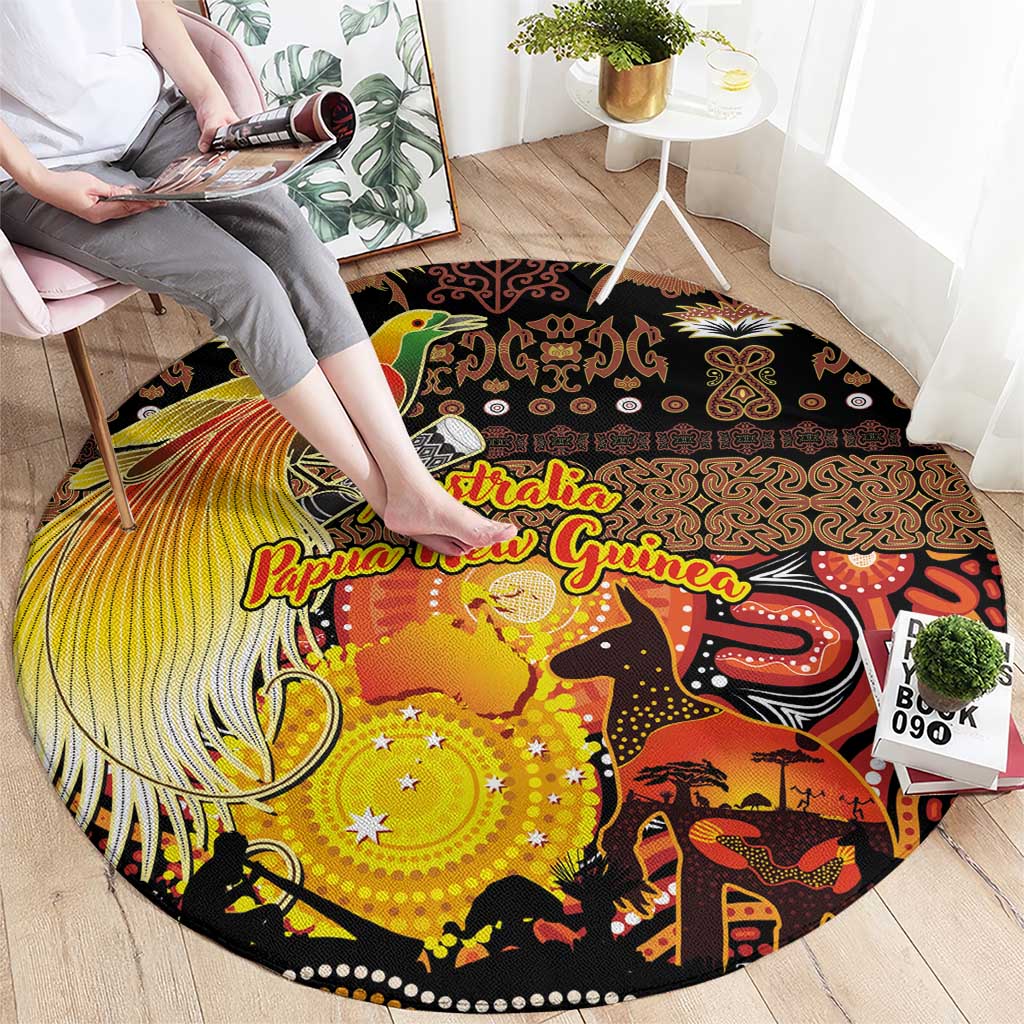 Australia and Papua New Guinea Together Round Carpet Kangaroo Aboriginal Art and Bird-of-paradise Oro Tribal Motifs - Polynesian Pride