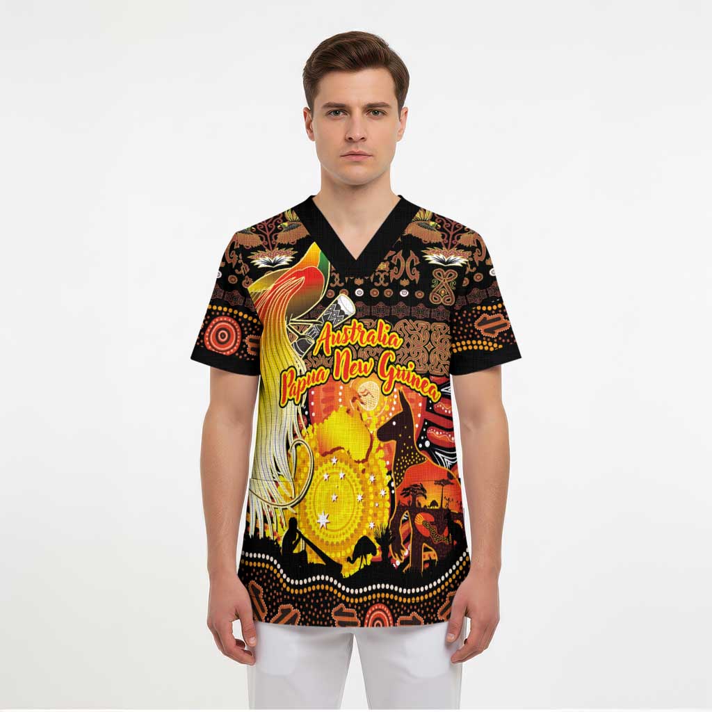 Personalized Australia and Papua New Guinea Together Scrub Top Kangaroo Aboriginal Art and Bird-of-paradise Oro Tribal Motifs - Polynesian Pride