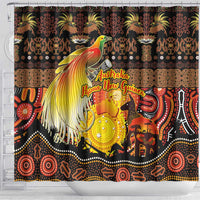 Australia and Papua New Guinea Together Shower Curtain Kangaroo Aboriginal Art and Bird-of-paradise Oro Tribal Motifs - Polynesian Pride