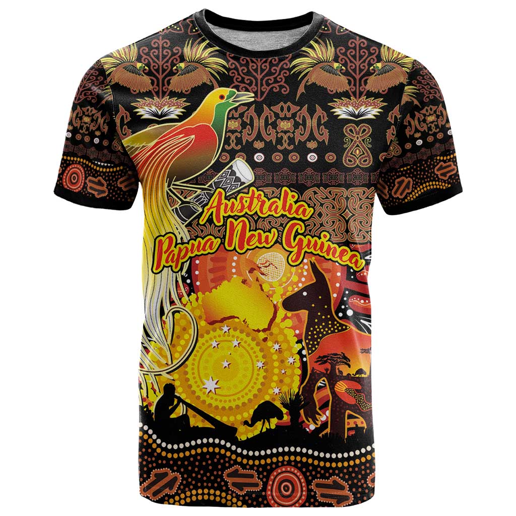 Personalized Australia and Papua New Guinea Together T Shirt Kangaroo Aboriginal Art and Bird-of-paradise Oro Tribal Motifs - Polynesian Pride