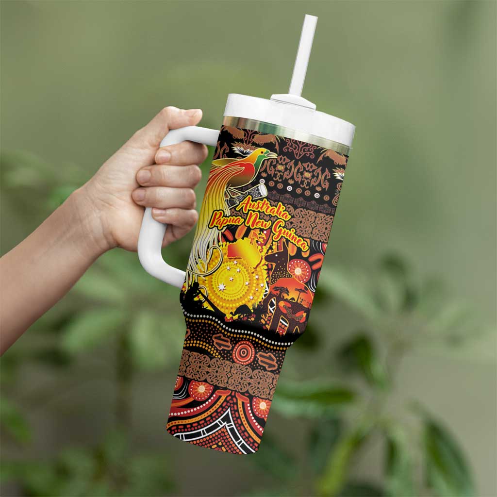 Personalized Australia and Papua New Guinea Together Tumbler With Handle Kangaroo Aboriginal Art and Bird-of-paradise Oro Tribal Motifs - Polynesian Pride
