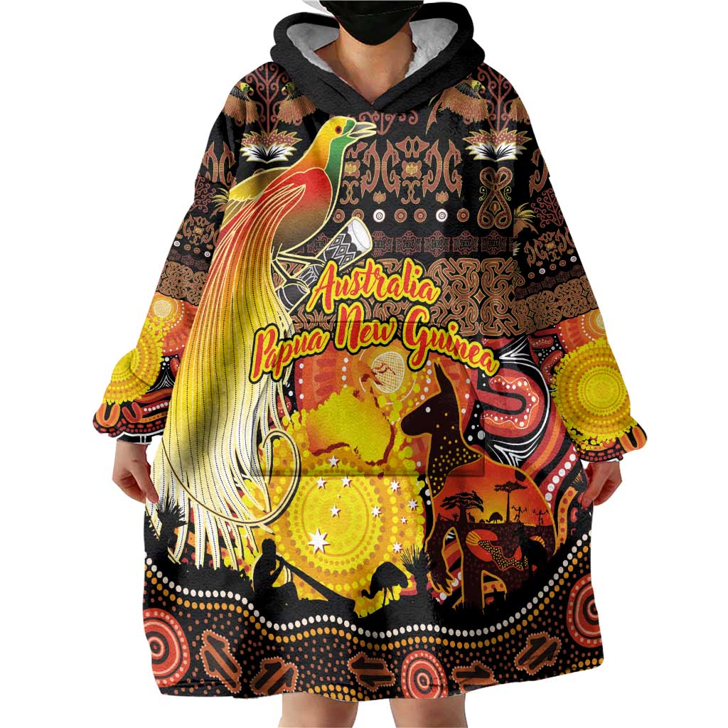 Personalized Australia and Papua New Guinea Together Wearable Blanket Hoodie Kangaroo Aboriginal Art and Bird-of-paradise Oro Tribal Motifs - Polynesian Pride