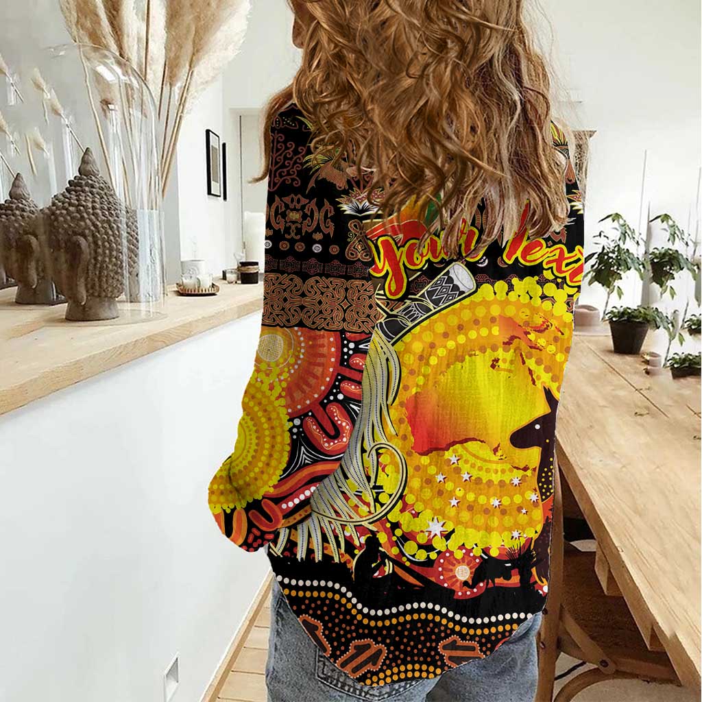 Personalized Australia and Papua New Guinea Together Women Casual Shirt Kangaroo Aboriginal Art and Bird-of-paradise Oro Tribal Motifs - Polynesian Pride