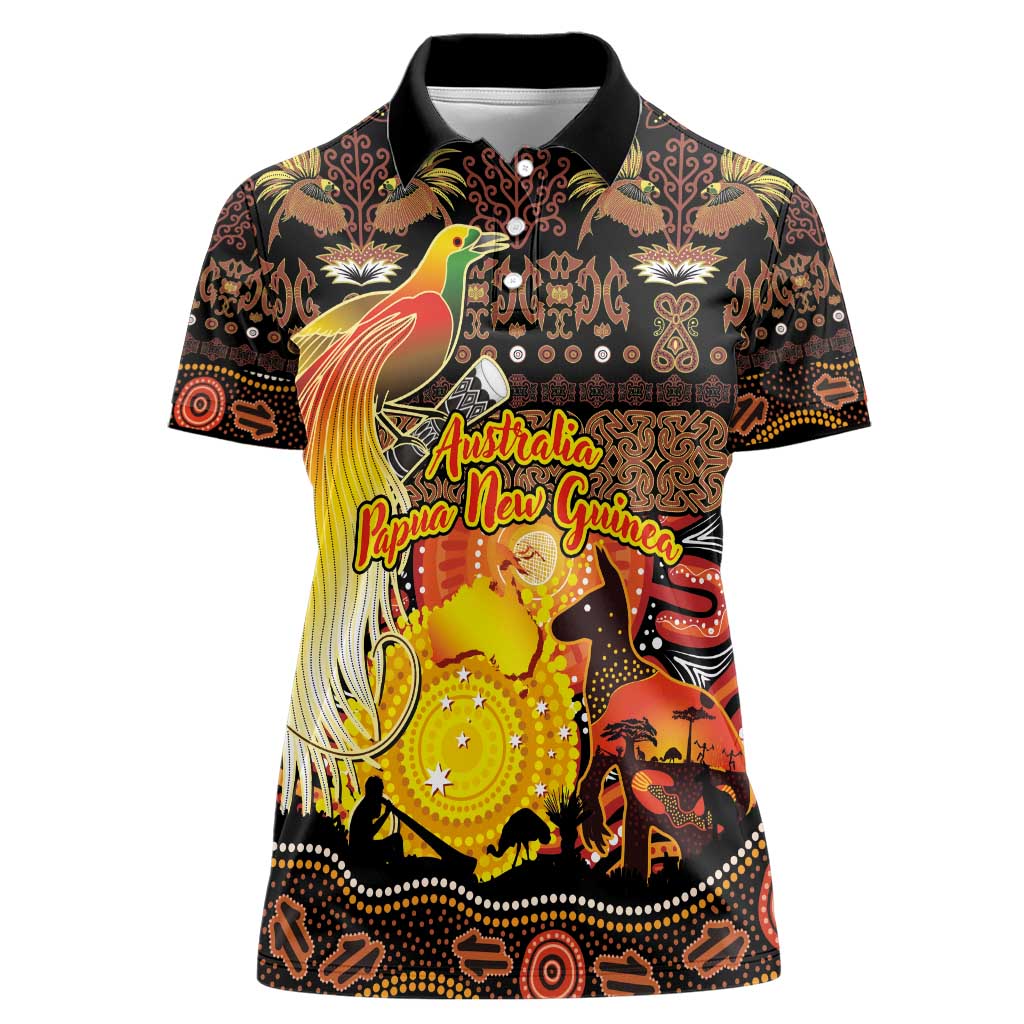 Personalized Australia and Papua New Guinea Together Women Polo Shirt Kangaroo Aboriginal Art and Bird-of-paradise Oro Tribal Motifs - Polynesian Pride