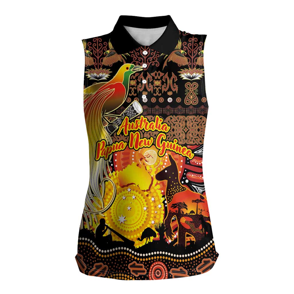 Personalized Australia and Papua New Guinea Together Women Sleeveless Polo Shirt Kangaroo Aboriginal Art and Bird-of-paradise Oro Tribal Motifs - Polynesian Pride