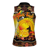 Personalized Australia and Papua New Guinea Together Women Sleeveless Polo Shirt Kangaroo Aboriginal Art and Bird-of-paradise Oro Tribal Motifs - Polynesian Pride