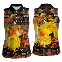 Personalized Australia and Papua New Guinea Together Women Sleeveless Polo Shirt Kangaroo Aboriginal Art and Bird-of-paradise Oro Tribal Motifs - Polynesian Pride
