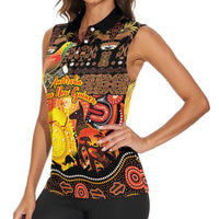 Personalized Australia and Papua New Guinea Together Women Sleeveless Polo Shirt Kangaroo Aboriginal Art and Bird-of-paradise Oro Tribal Motifs - Polynesian Pride