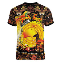 Personalized Australia and Papua New Guinea Together Women V-Neck T-Shirt Kangaroo Aboriginal Art and Bird-of-paradise Oro Tribal Motifs - Polynesian Pride