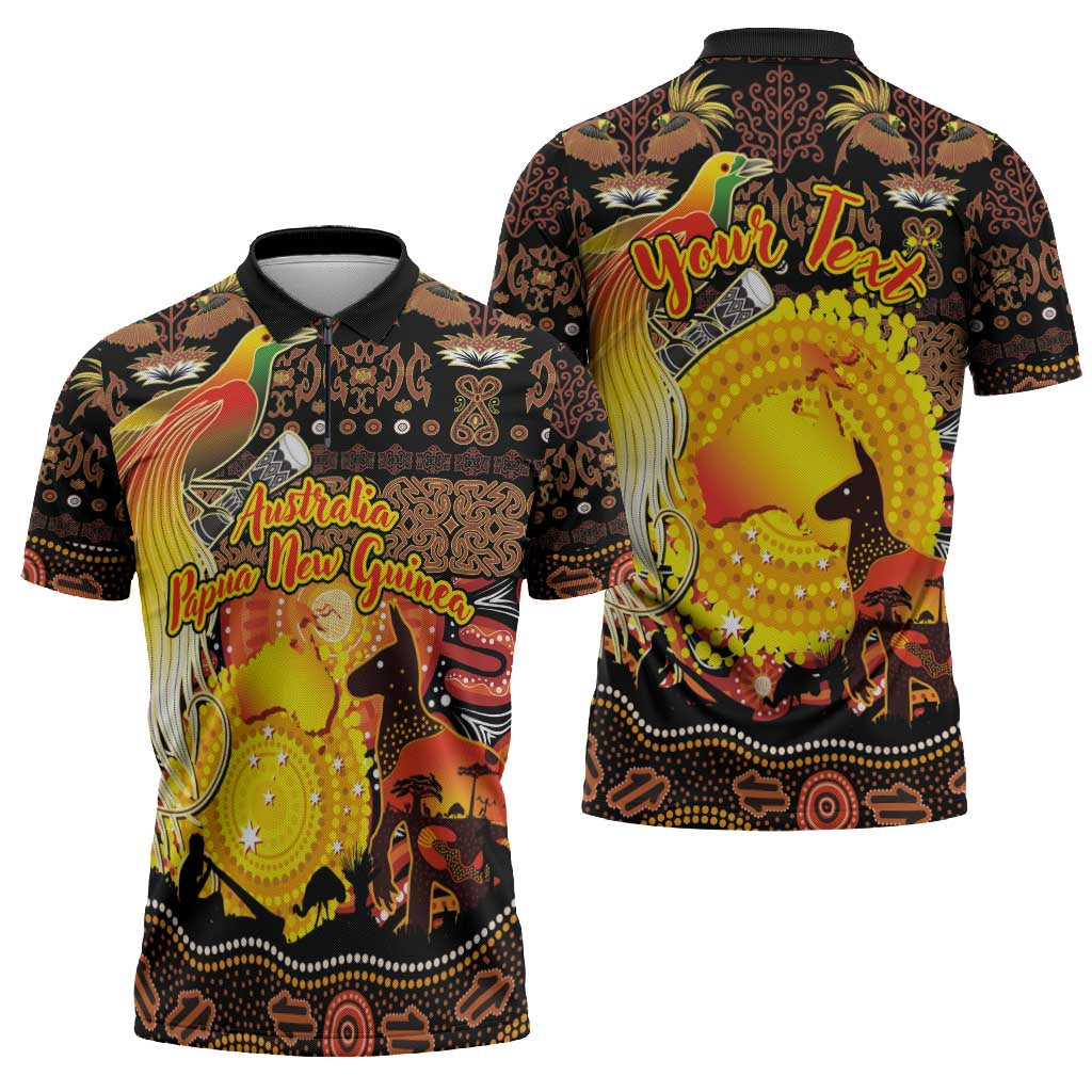Personalized Australia and Papua New Guinea Together Zipper Polo Shirt Kangaroo Aboriginal Art and Bird-of-paradise Oro Tribal Motifs - Polynesian Pride