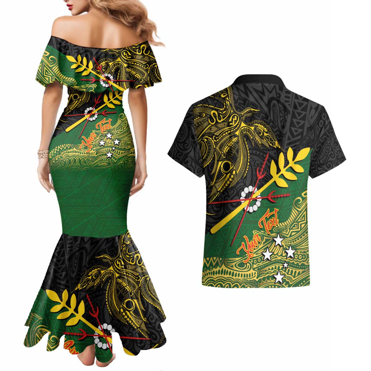 Personalized Chimpu Province Papua New Guinea Couples Matching Mermaid Dress and Hawaiian Shirt Bird-of-paradise Art Tattoo and Melanesian Motifs - Polynesian Pride